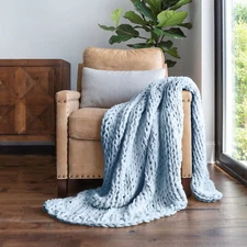 Light Blue Oversized Chunky Knit Throw Blanket One Size 47'' X 59'' Home Bedding