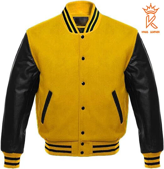 Lettermen Bomber Baseball Yellow Wool Varsity Jacket With Black Leather Sleeves