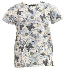 Womens Microfiber Medical Scrub Printed Tops Gray Butterflies Light Blue Loops M