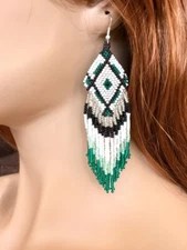 Handmade Beaded Sea Green White Seed Bead Earrings