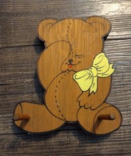 Vintage Hand Painted Wooden Teddy Bear Coat Wall Coat Hanger 6"