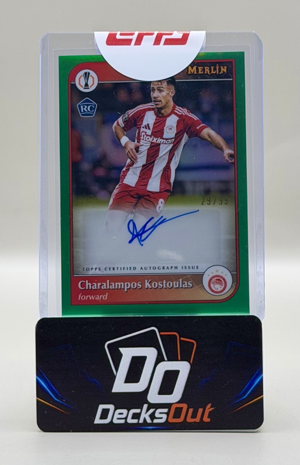 2024/25 Topps Merlin UEFA Charalampos Kostoulas Auto Green RC /99 Olympiacos