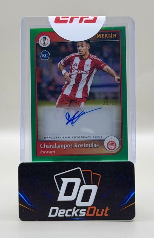 2024/25 Topps Merlin UEFA Charalampos Kostoulas Auto Green RC /99 Olympiacos