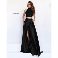 NWT Sherri Hill 11330 Black Two Piece Halter High Slit Prom Gown Dress Sz 6 $498