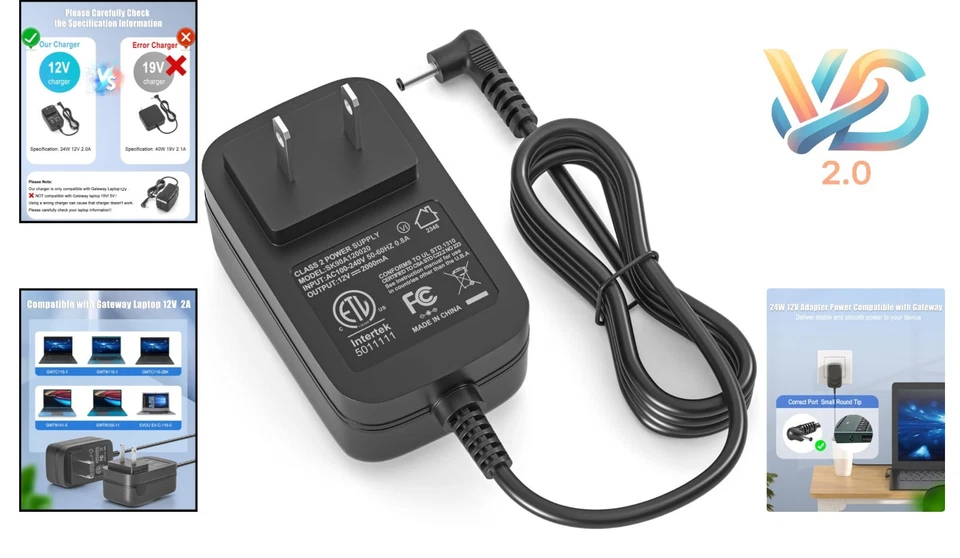 Cargador de portátil Gateway 12V 2A para GWTN GWTN156 EVOO - Nuevo Foto 2 de 4