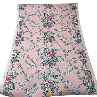 Vtg French Country Floral Unpasted Wallpaper Cottagecore Romance Pink Trellis