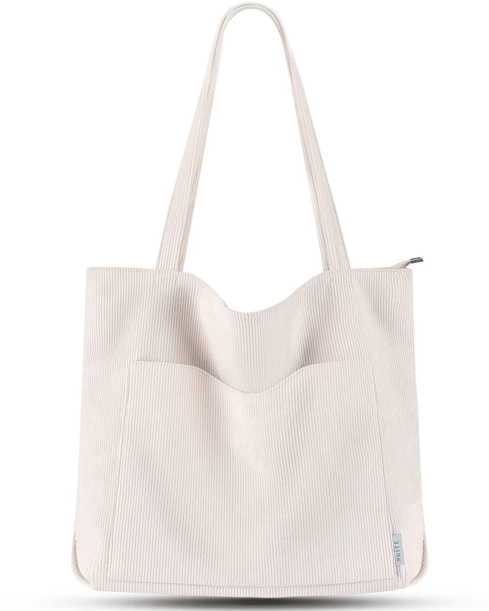 Prite Corduroy Tote Bag for Women Large Shoulder Bag with Zipper and Pockets