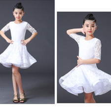 Kids Girls Lace Dance Dress with Underpants Latin Waltz Ballroom Dancewear White