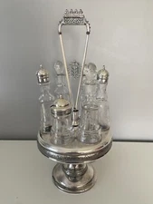 Antique Castor Cruet Set Meriden Company Silverplate 6 Etched Bottles Spins READ