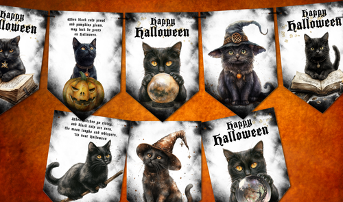 Black Magic Cat Halloween Bunting Party Decoration Happy Halloween - Picture 3 of 3