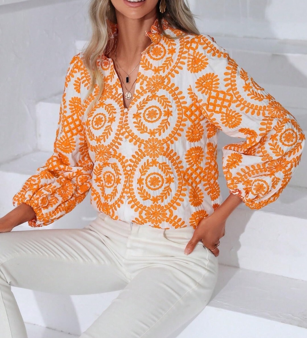 NWT Ornate Embroidery Blouse Boho  Shirt Orange Sz S HIGH QUALITY Lantern Sleeve