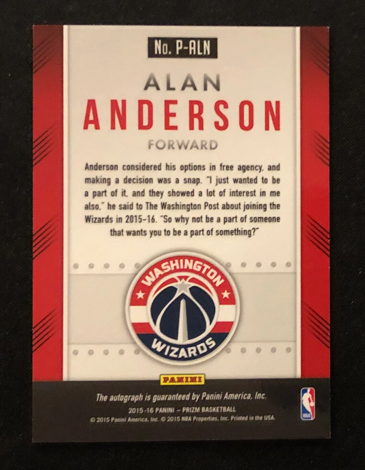 2015-16 Prizm Alan Anderson Washington Wizards Auto Card #P-ALN - Image 2 of 2