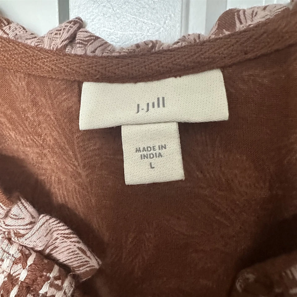 Túnica J. Jill Bellisima Top Palma Tropical Mujer Grande Marrón Rosa Volantes Cuello Foto 4 de 4