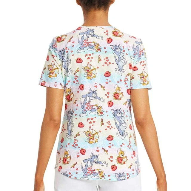 Scrubstar Scrub Top Women's Multi Tom and Jerry's Love Print V-Neck Round Hem XS - Image 4 of 4