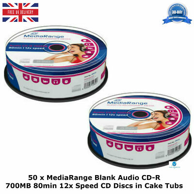 50 x MediaRange Rohlinge Audio CD-R 700MB 80min 12x Geschwindigkeit neue CD Discs in Cake Tubs