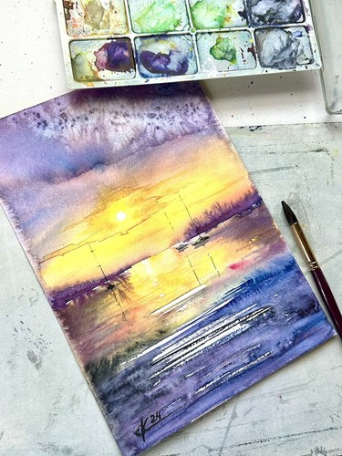 Original Watercolor Painting Sea scape sunset regatta yachts bright home decor - Picture 5 of 8