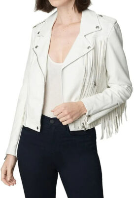 Style Handmade Women's White Soft Genuine Lambskin Leather Western Fringe Jacket