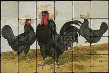 24x16 WhiteCrested Blakc Chickens Kitchen Backsplash Mural Tumbled Marble Tiles