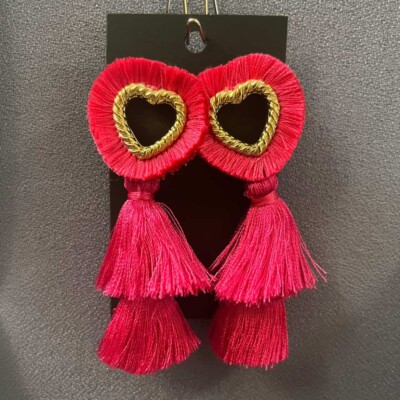 Super Hot Pink Heart Shaped Tassel Dangle Ear Rings