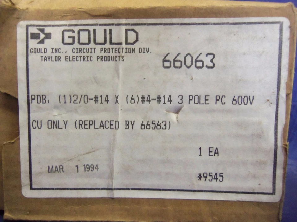 New Gould 66063 PDB Power Block 600V 3 Pole NIB - Image 2 of 4
