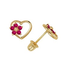 14K Yellow Gold CZ Heart Flower Love Screw Back Birthstone Earrings All Colors