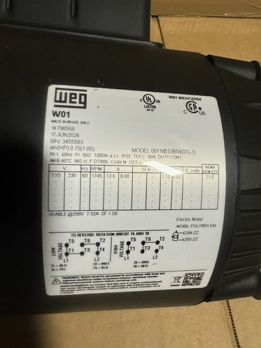 WEG 00118ES1B56CFL-S , 1HP, 1800 RPM, 1PH, 110-120V, 208, 230V 56C Frame, TEFC - Picture 3 of 3