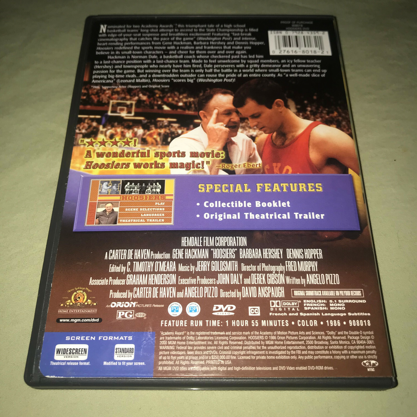 Hoosiers DVD Gene Hackman Barbara Hershey High School Basketball Movie