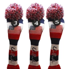 USA Majek Golf #3 4 5 Hybrid Headcovers Pom Pom Knit Classic Vintage Look