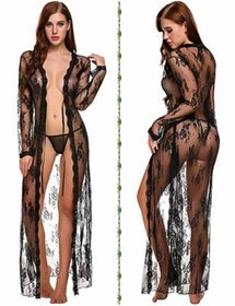 Womens Sexy Long Lace Kimono Robe Lingerie Eyelash Babydoll Sheer Cover up Dress