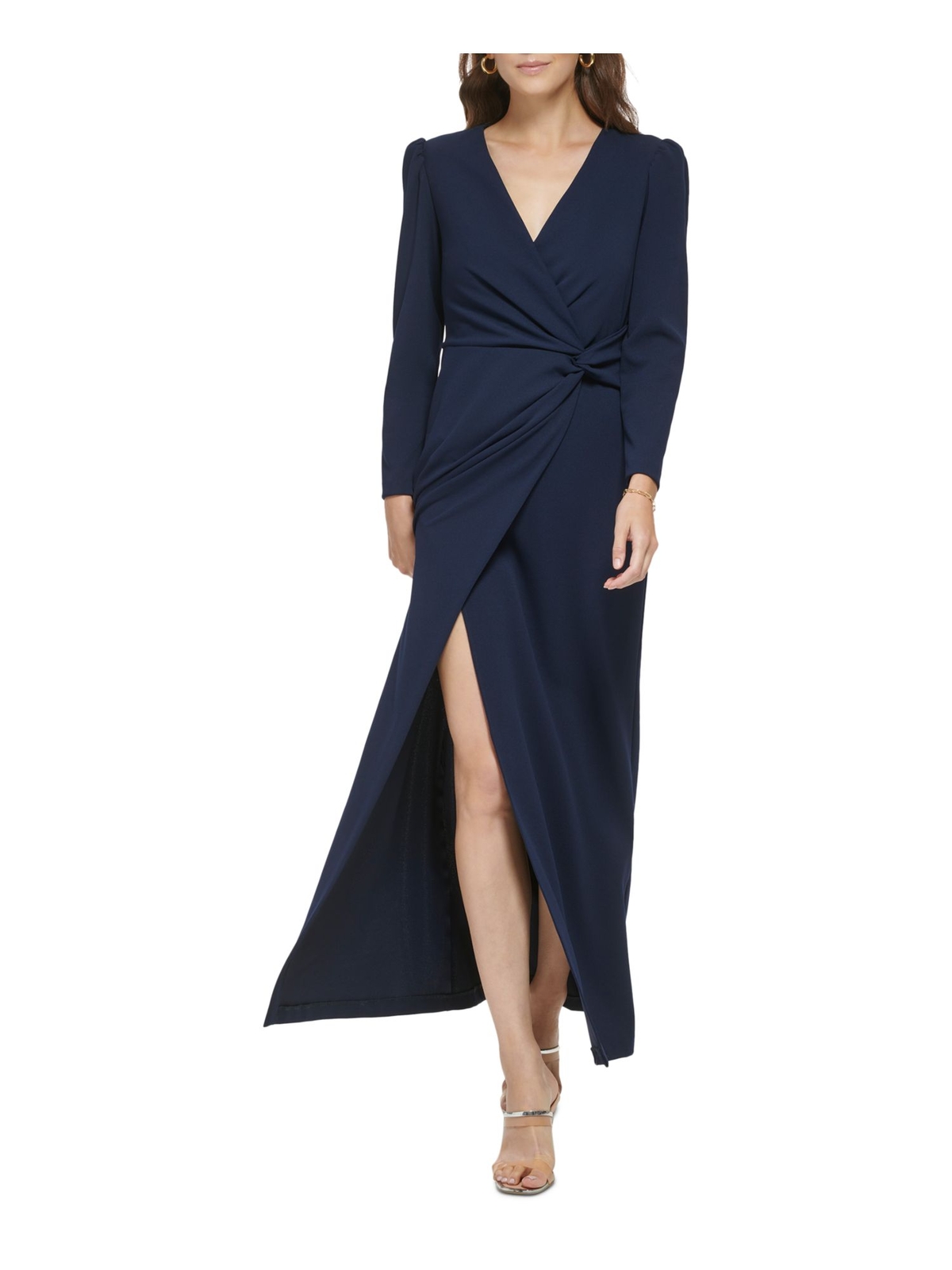 DKNY Женское темно-синее макси-вечернее платье с запахом из искусственной кожи с закручивающимся передом и длинным рукавом 8