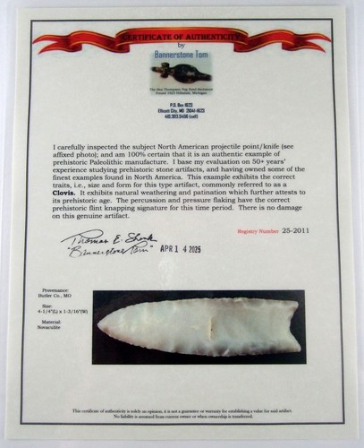 Super Fine Semi-Translucent Missouri Novaculite Clovis Point with COA Arrowheads - 第 9/9 張圖片