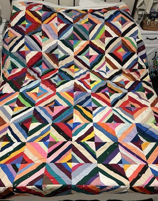 Vintage Crazy Quilt 75x88 Hand Quilted  Optical Illusion Scraps Strips Geometric
