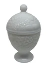 VTG Avon 1960 Milk Glass Lidded Candy Dish Compote Embossed Floral Fruit White