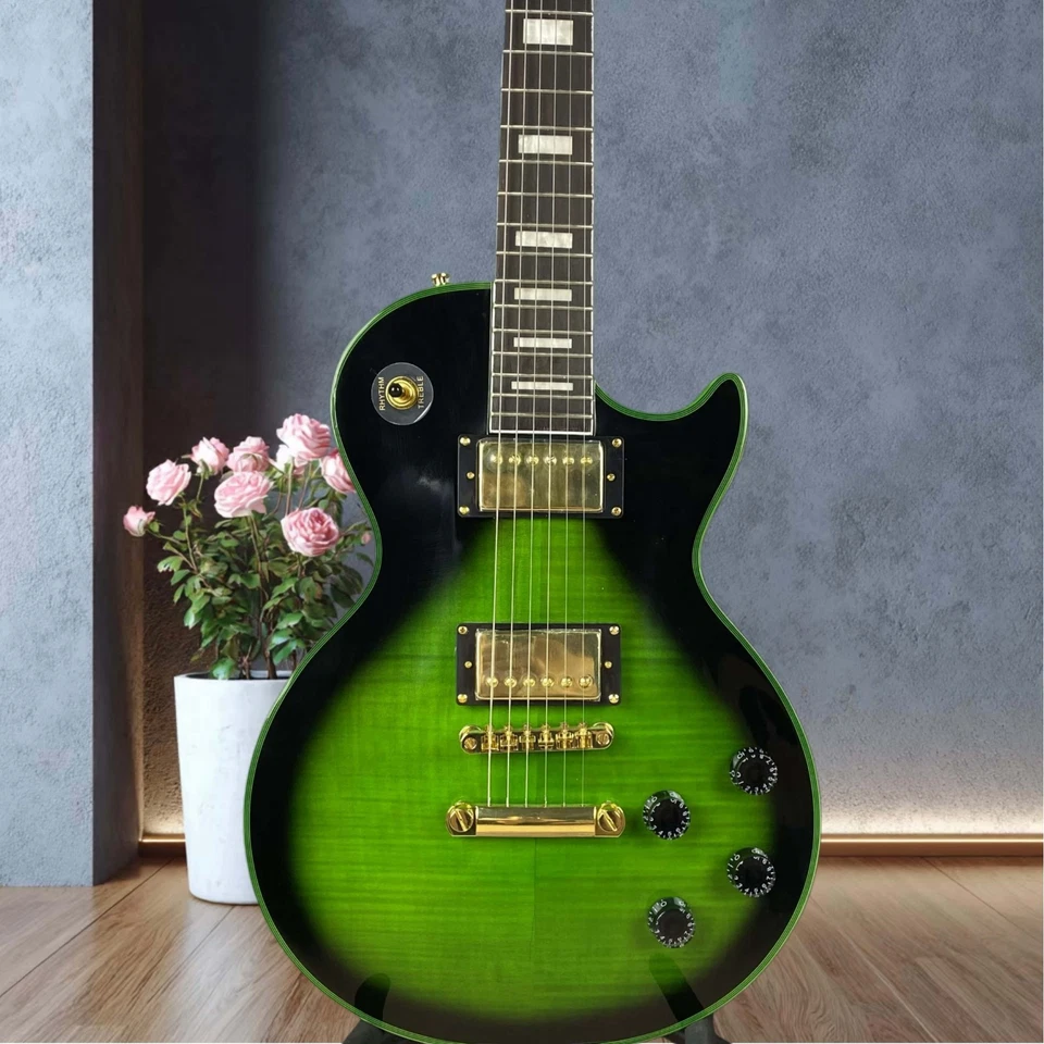 LP Custom Electric Guitar with Black Ring Green Metal Hardware Rectangular Inlay - Image 3 of 4