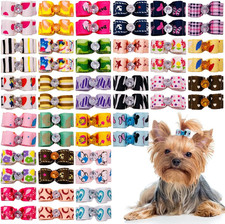 20 Pack Mini Small Dogs Hair Bows with Rubber Bands Ribbon Rhinestone Dog Puppy