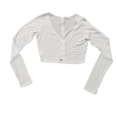 Alo Yoga Ribbed Cropped Whisper Cardigan White S Soft Stretch
