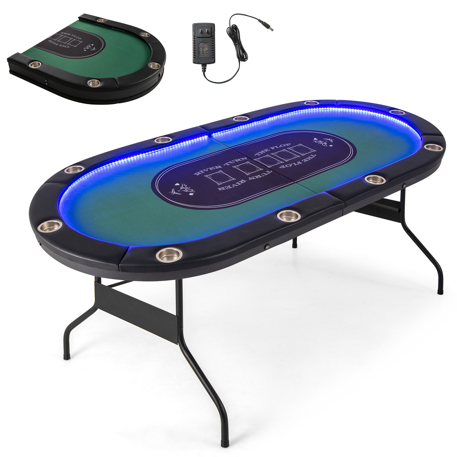 Foldable 10 Player Poker Table Casino Texas Holdem W/ LED Lights USB ...