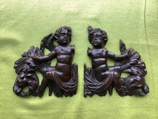 Pair Antique Carved Dark Wood Putti Cherub Panel Plaque
