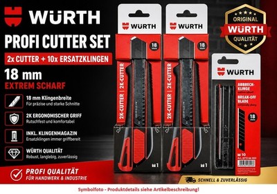 2x Würth 18mm 2K-Cutter Messer + 10 Ersatzklingen Profi Teppichmesser Set