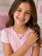Girls Pretty Silver Necklace with Pink Heart Pendant and Beaded Bracelet Set