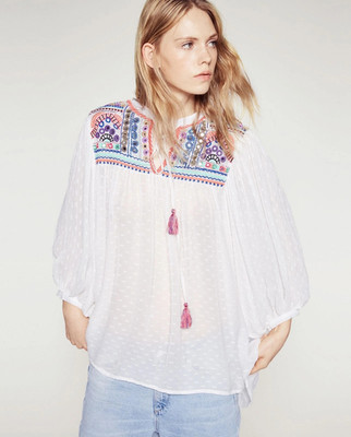 ZARA White Embroidered Embellished Boho Tunic Semi Sheer Plumetis Blouse Sz S