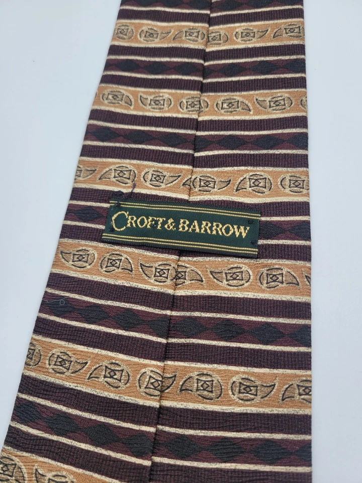 Corbata de seda Croft & Barrow vintage patrón de hojas geométricas marrón EE. UU. Foto 4 de 4