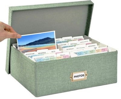 Green Linen Photo Storage Organizer Box with Lid, Dividers - 1700 4x6 Photos