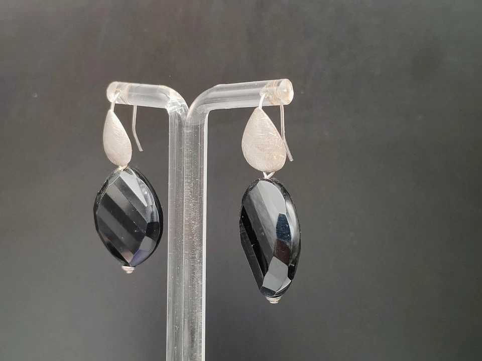 Orecchini donna pendenti goccia agata nera naturale argento 925 fatti in Italia - Immagine 3 di 4