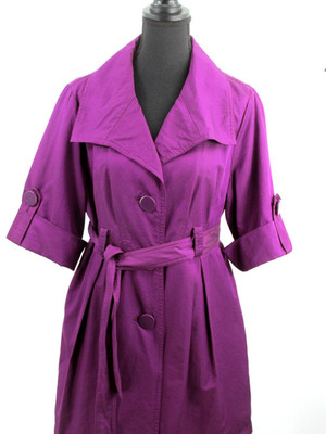 AMBITION Trench Coat Women Large Purple Button Up Belted Tab Sleeves Pockets Y2K
