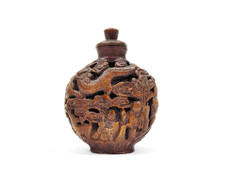 Intricately Carved Antique Chinese Lacquered Boxwood Snuff Bottle