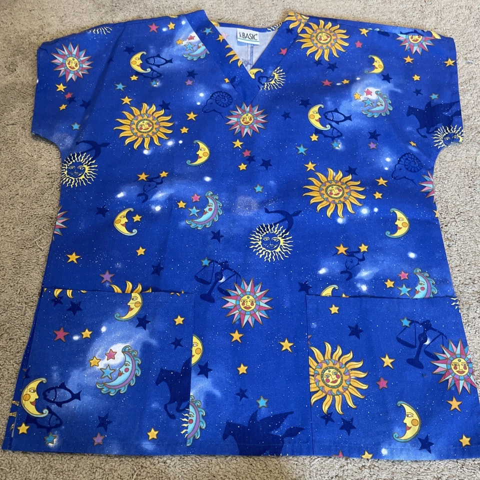 2 Simply Basic Scrub Tops Women's M Bears Colorful Bees Astrological Medical - Image 3 of 4