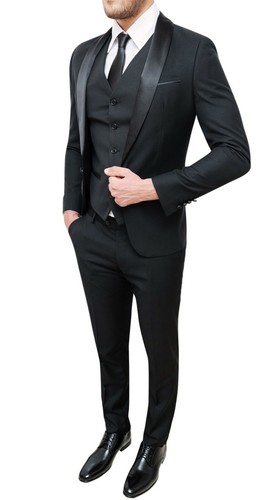 ABITO UOMO SARTORIALE NERO ELEGANTE SET COMPLETO COORDINATO CON GILET E  CRAVATTA | eBay