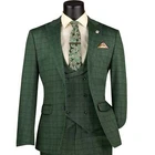 VINCI Men's Green Plaid Stretch 3-Piece Slim-Fit 2-Button Suit - NEW