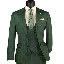 VINCI Men's Green Plaid Stretch 3-Piece Slim-Fit 2-Button Suit - NEW